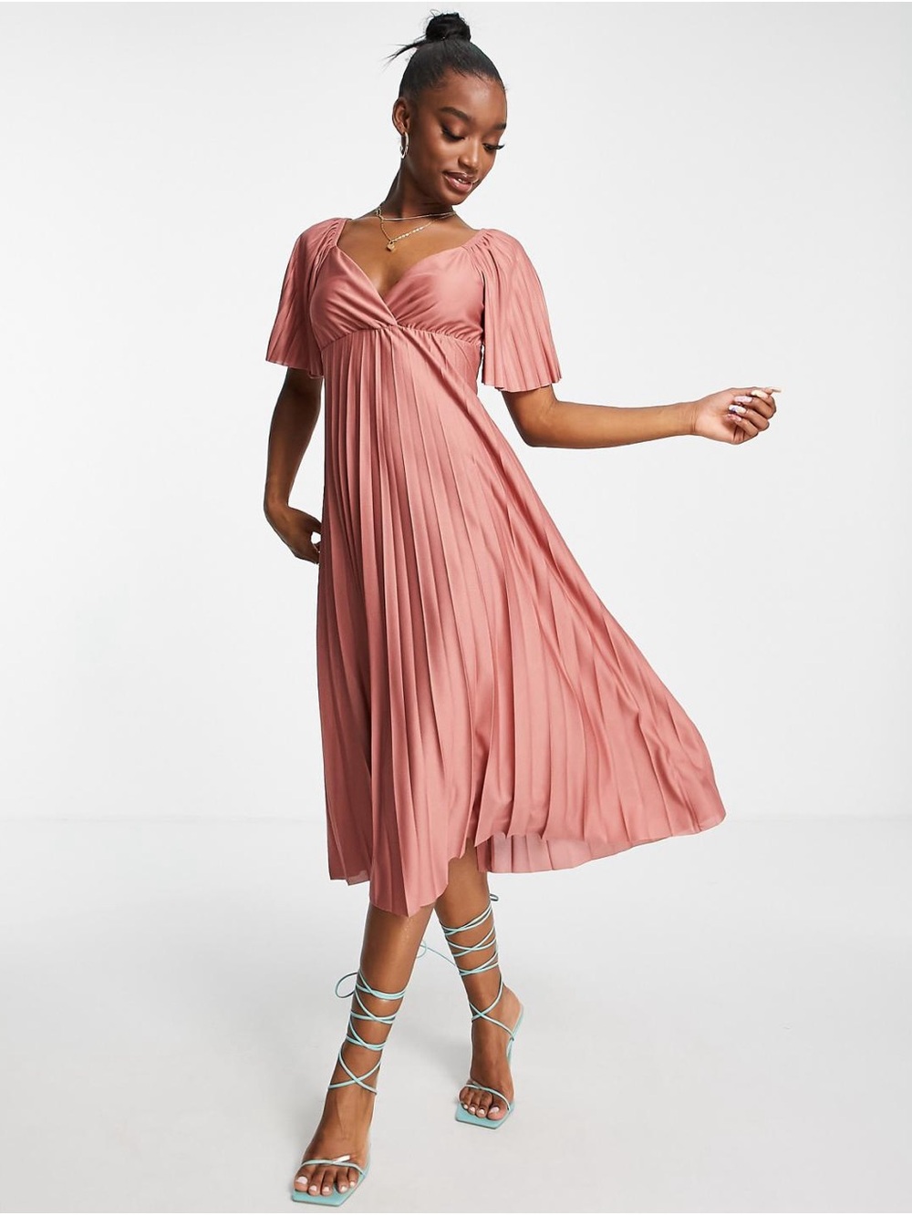 Flutter-Sleeve Pleated V-Neck Midi Dress in Dusty Rose